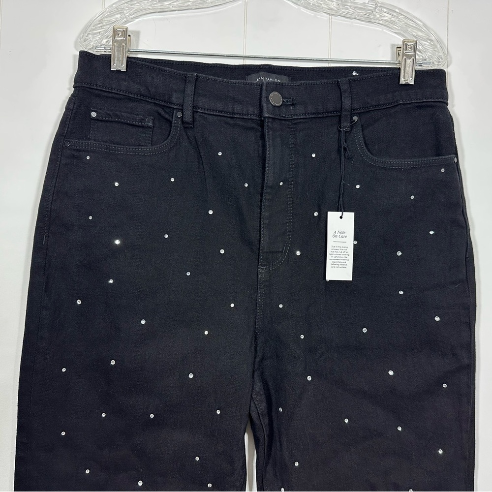 NWT Ann Taylor Sz 12 The Flare Crystal High Rise Embellished Black Denim Jeans - Picture 2 of 9